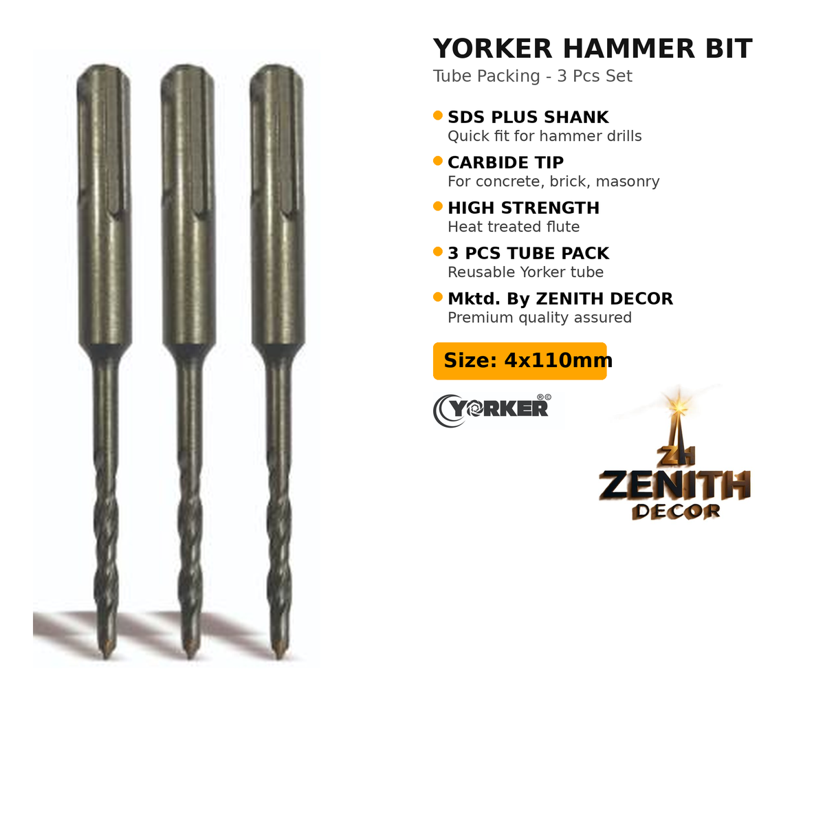 Hammer Bit Yorker Tube Packing - SDS Plus - Carbide Tip