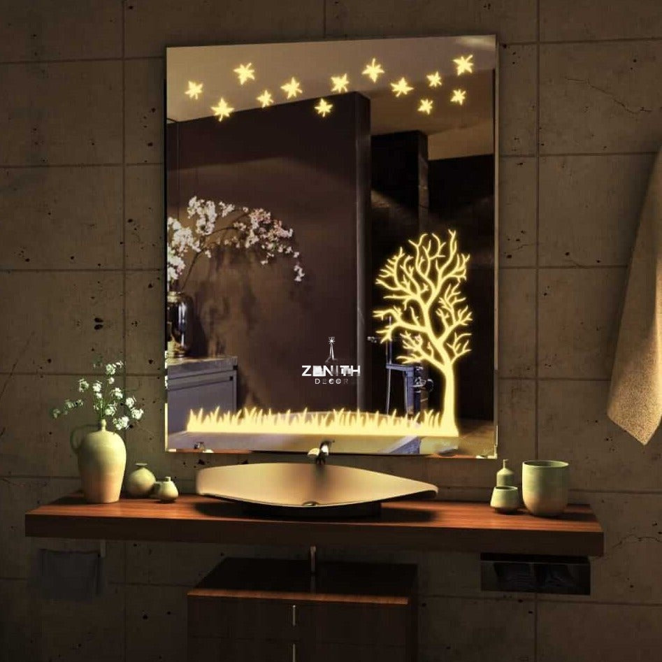 Verdant Horizon Biophilic LED Mirror | Nature-Inspired Etched Border | Smart Multi-Tone Lighting