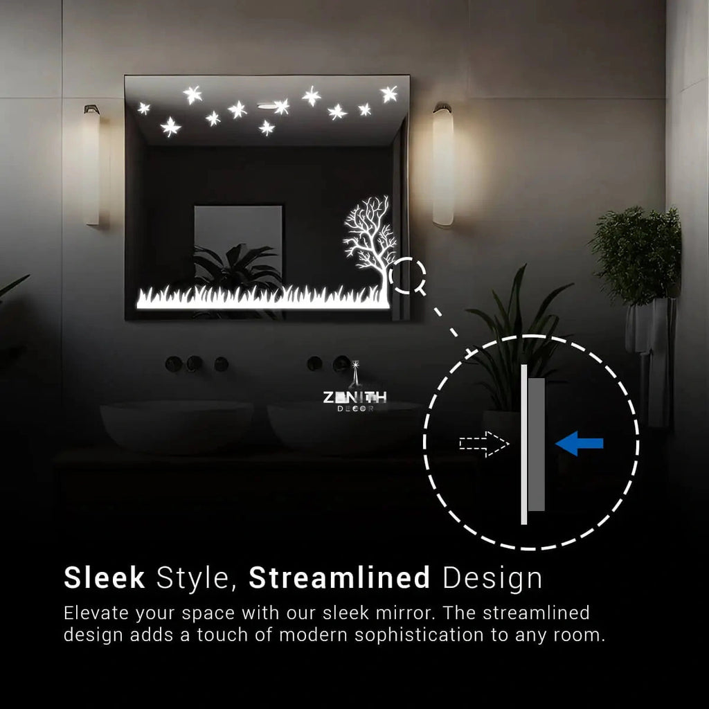 Verdant Horizon Biophilic LED Mirror | Nature-Inspired Etched Border | Smart Multi-Tone Lighting