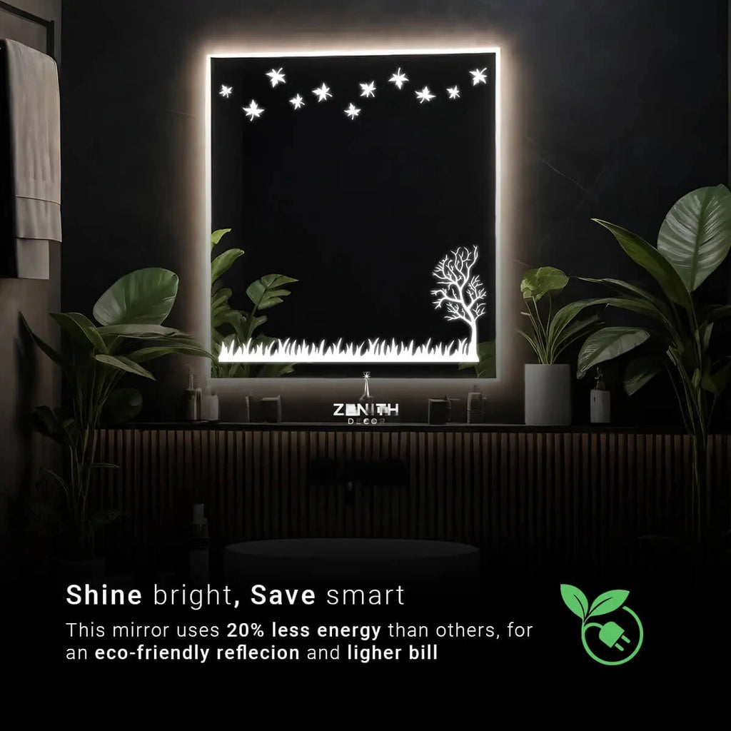 Verdant Horizon Biophilic LED Mirror | Nature-Inspired Etched Border | Smart Multi-Tone Lighting