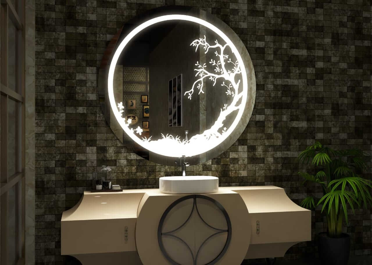Sylvan Silhouette LED Mirror | Artistic Tree-Motif Etched Design | Smart Multi-Tone Backlit Mirror
