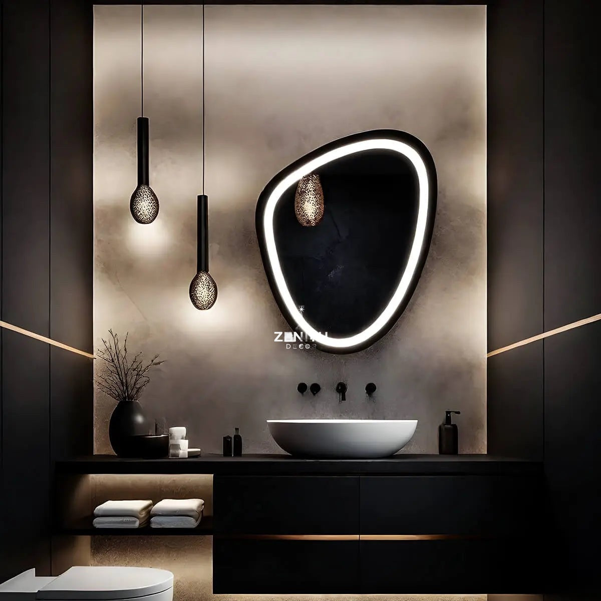 Lumi-Pebble Halo LED Mirror | Organic Asymmetric Silhouette | Smart Multi-Tone Backlit Vanity