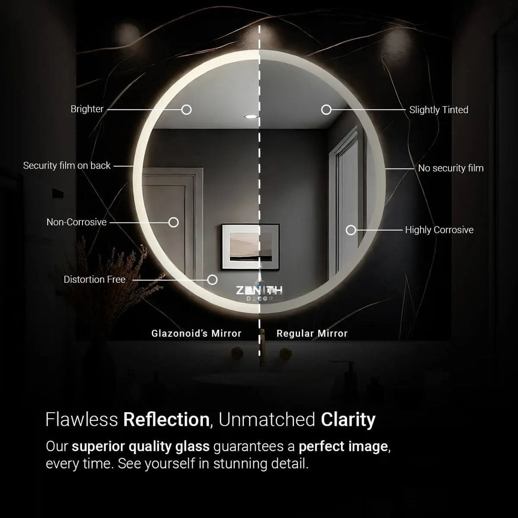 Ignite Bezel-Less Round Mirror | High-Intensity Pro-Lumen LED | Multi-Sensor Smart Control