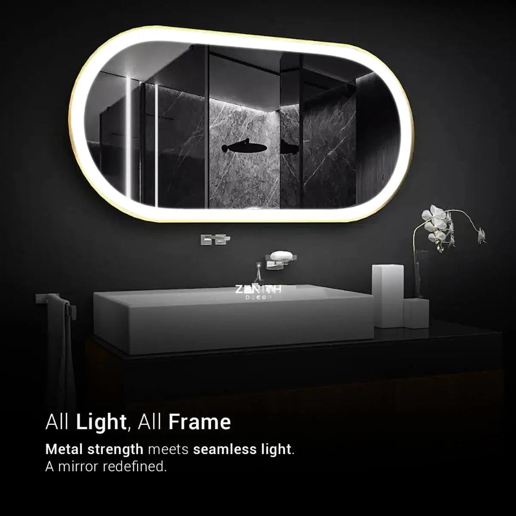 Iron-Luxe Pill-Shaped Metal Mirror | Industrial-Chic SS-Frame | Smart Backlit Architectural Vanity