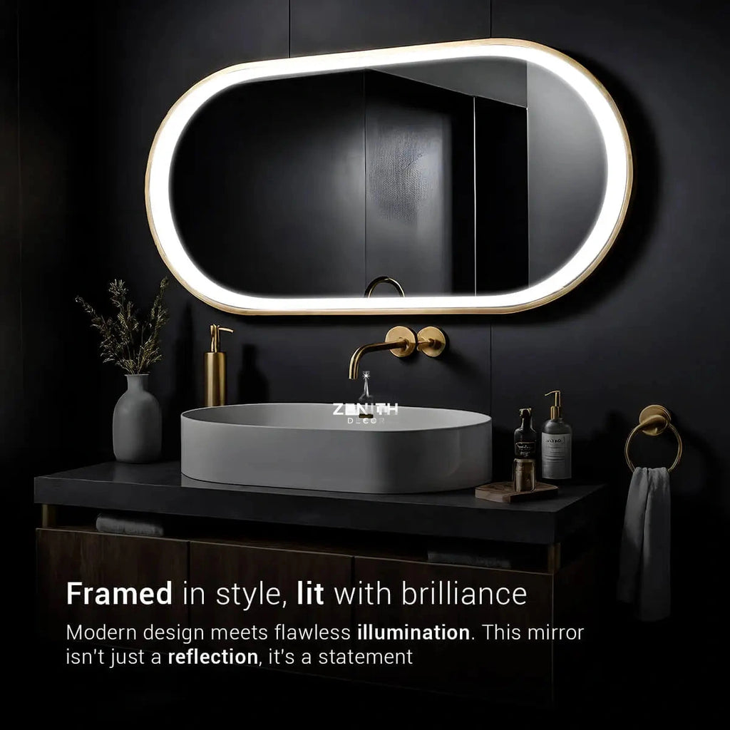 Iron-Luxe Pill-Shaped Metal Mirror | Industrial-Chic SS-Frame | Smart Backlit Architectural Vanity