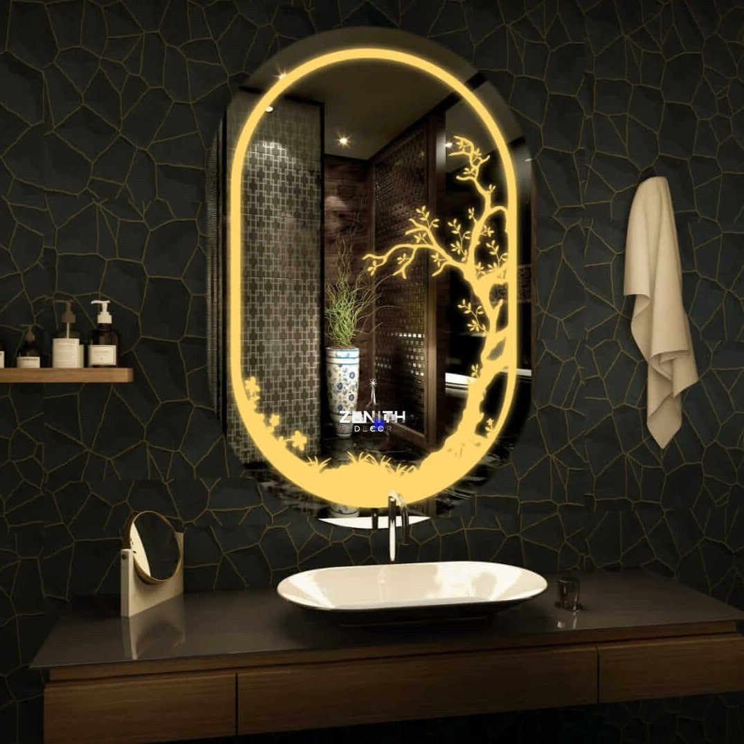Sylva Essence Backlit Oval Mirror | Organic Tree-Motif Design | Smart Multi-Tone Botanical Vanity