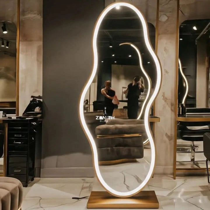 Stage-Wavy Floor Mirror | SS304 Marine-Grade Stainless Steel | Freestanding Sculptural LED Vanity