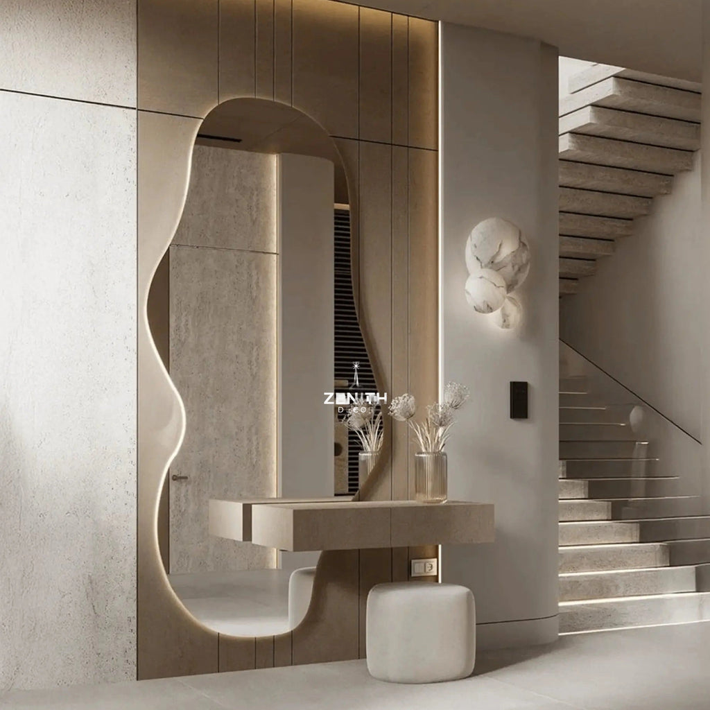 Stream-Curvilinear Mirror | Saint-Gobain HD Glass | Smart Backlit Fluid-Form Architectural Vanity