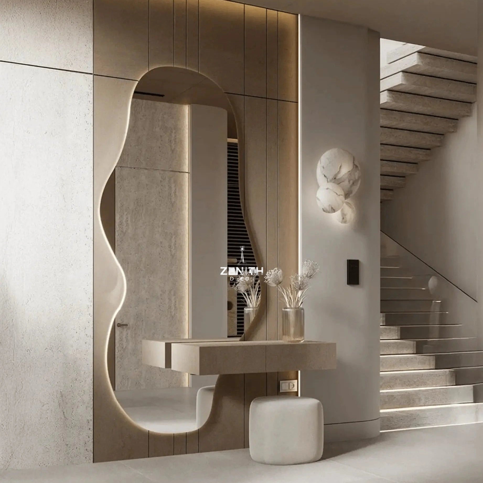 Stream-Curvilinear Mirror | Saint-Gobain HD Glass | Smart Backlit Fluid-Form Architectural Vanity