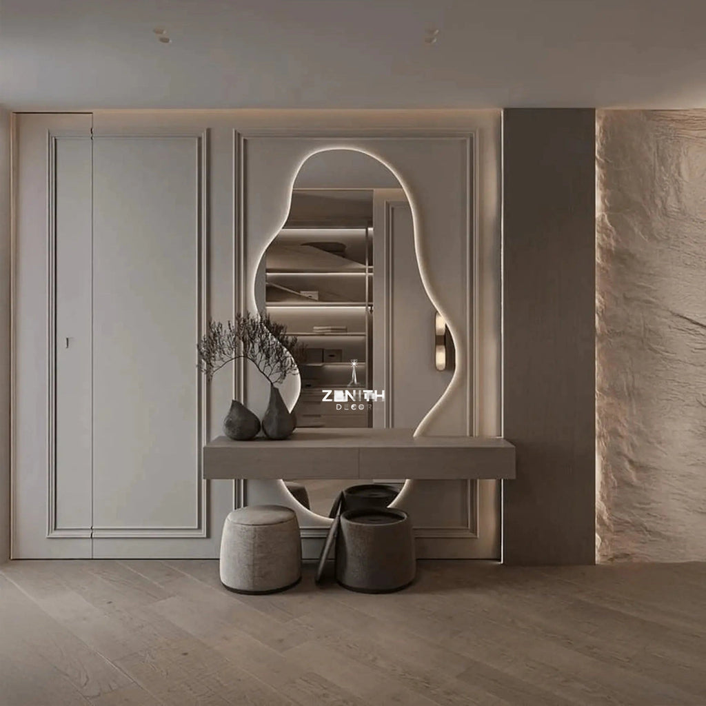 Stream-Curvilinear Mirror | Saint-Gobain HD Glass | Smart Backlit Fluid-Form Architectural Vanity