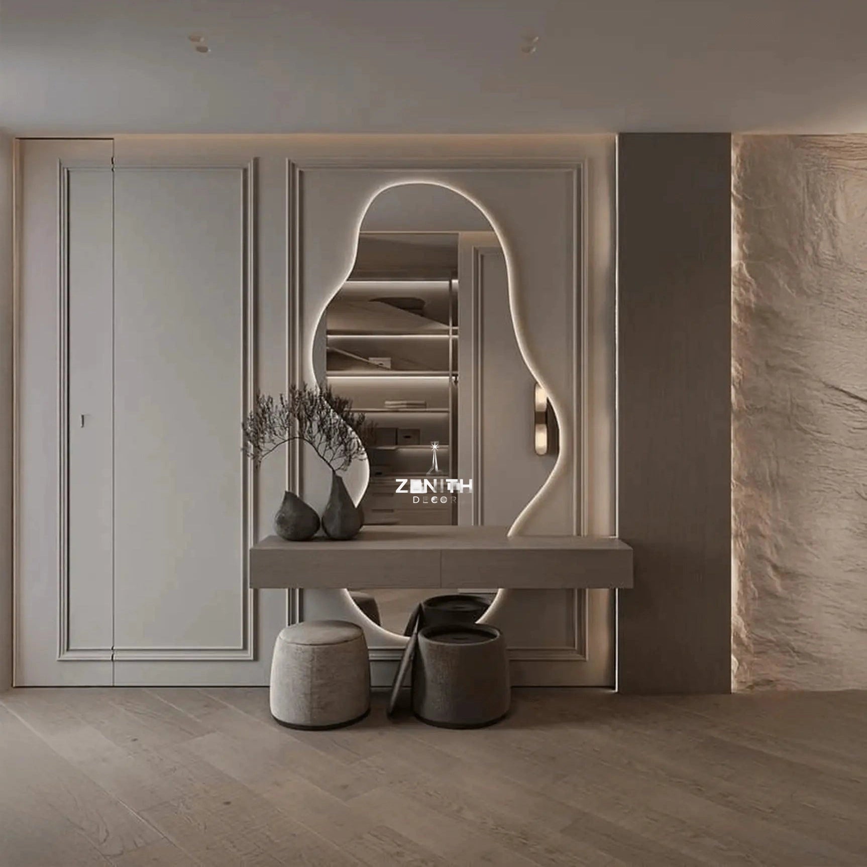 Stream-Curvilinear Mirror | Saint-Gobain HD Glass | Smart Backlit Fluid-Form Architectural Vanity