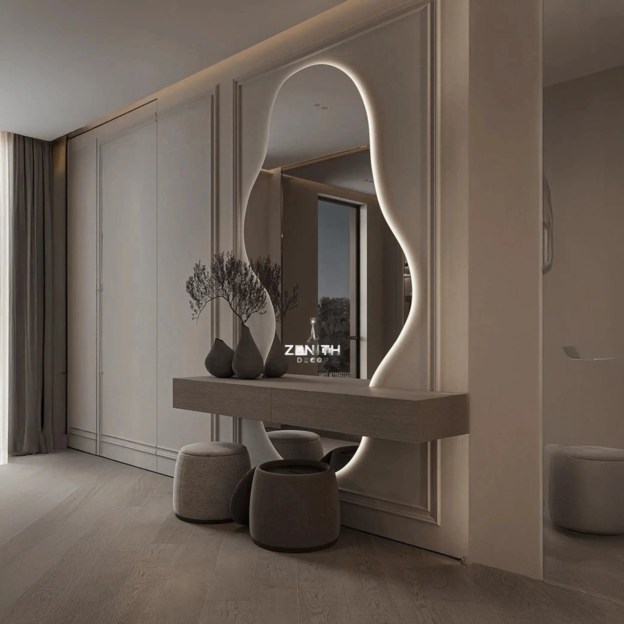 Stream-Curvilinear Mirror | Saint-Gobain HD Glass | Smart Backlit Fluid-Form Architectural Vanity