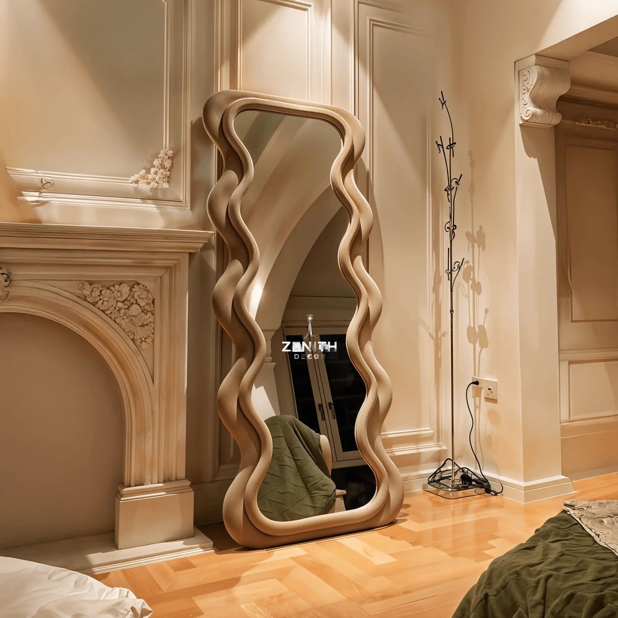 Velvet-Touch Wave Mirror | High-Density Foam Framework | Premium Suede-Textured Sculptural Vanity