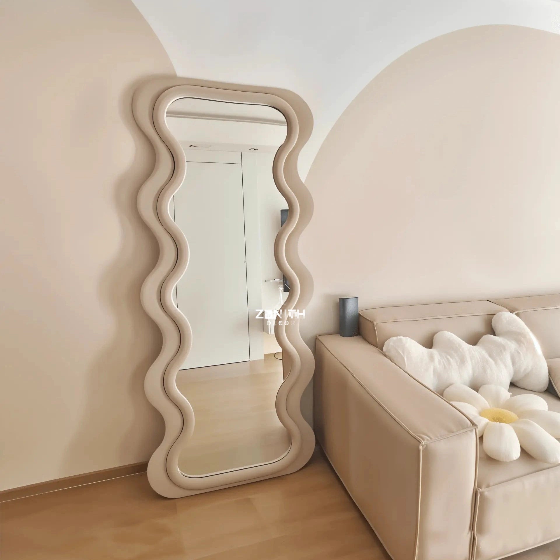 Velvet-Touch Wave Mirror | High-Density Foam Framework | Premium Suede-Textured Sculptural Vanity