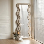 Velvet-Touch Wave Mirror | High-Density Foam Framework | Premium Suede-Textured Sculptural Vanity