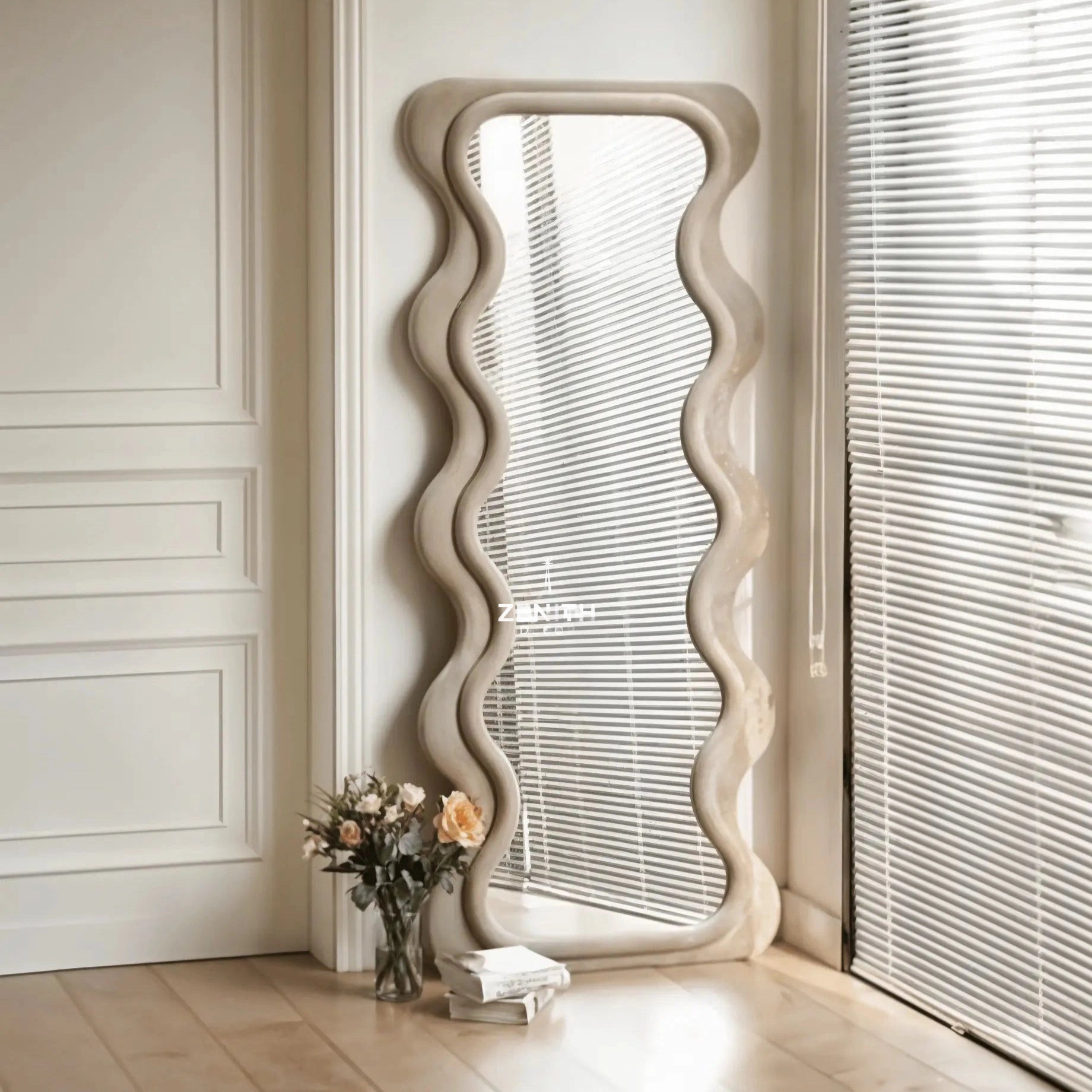 Velvet-Touch Wave Mirror | High-Density Foam Framework | Premium Suede-Textured Sculptural Vanity